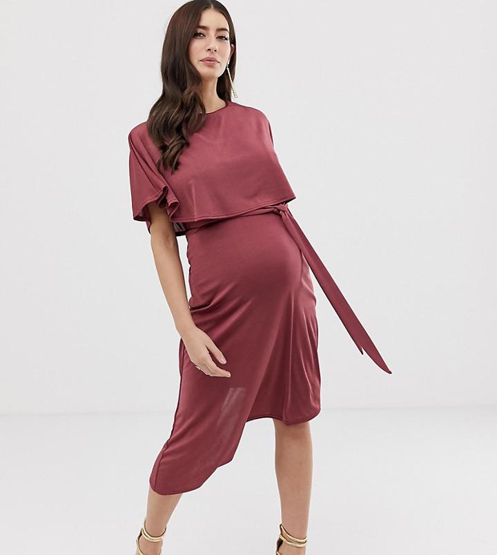 Asos Design Maternity Cape Crop Top Midi Dress With Asymmetric Skirt - Red