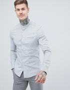 Asos Design Stretch Slim Smart Mirco Stripe Work Shirt With Grandad Collar In - Gray