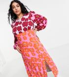 Never Fully Dressed Plus Contrast Puff Sleeve Slit Midi Dress In Retro Floral-multi
