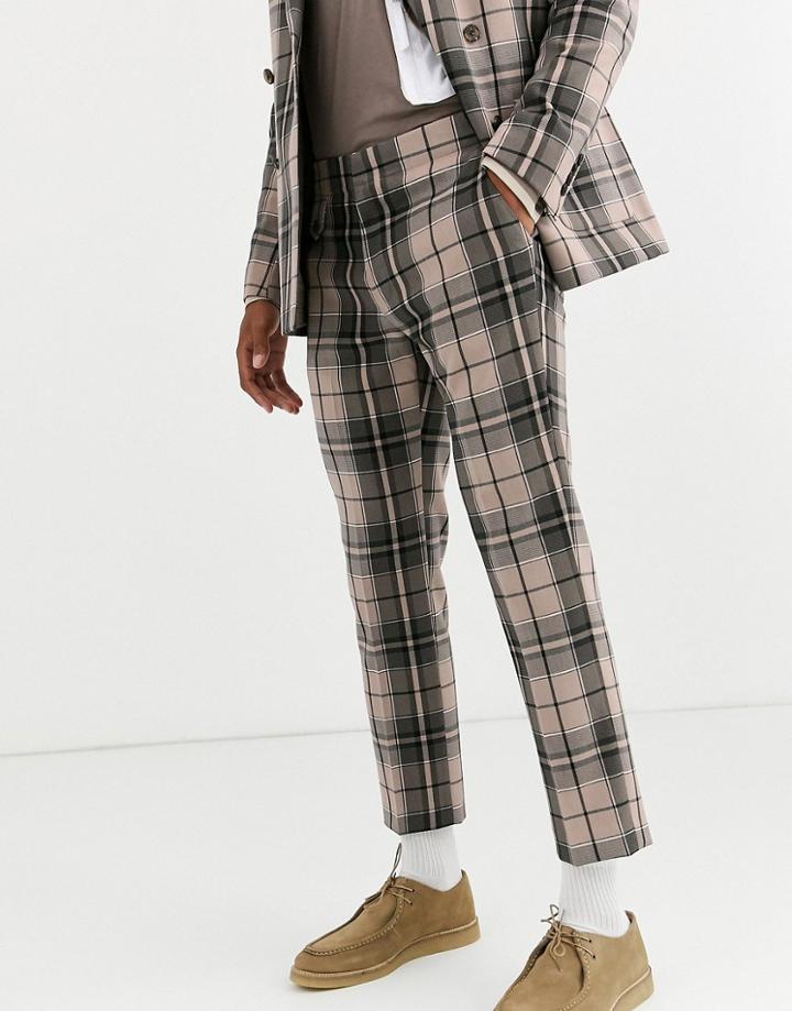 Asos Design Skinny Crop Suit Pants In Camel Check-beige