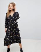 Influence Floral Midi Dress With Tiered Hem - Black