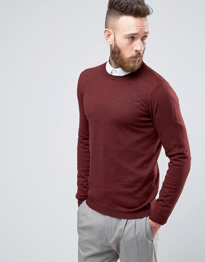 Asos Merino Wool Crew Neck Sweater In Burgundy - Red