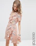 Asos Tall Wrap Front Tea Dress Frill In Floral Print - Multi