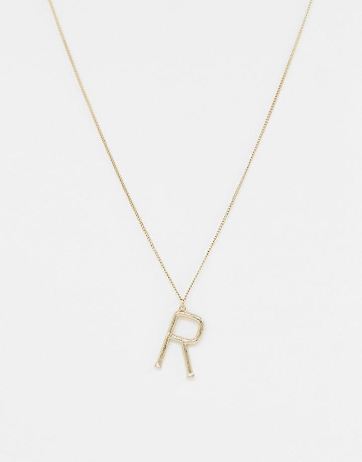 Designb London Gold R Initial Textured Pendant Necklace - Gold