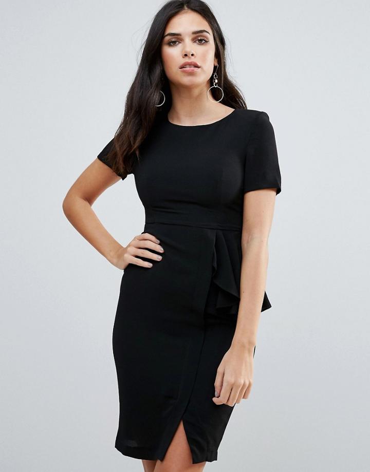 Zibi London Short Sleeve Pencil Dress With Side Ruffle - Black