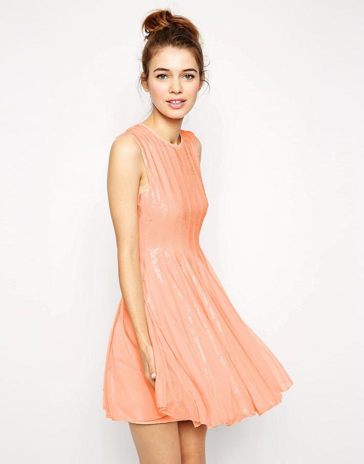 Asos Mesh And Sequin Skater Dress - Pink