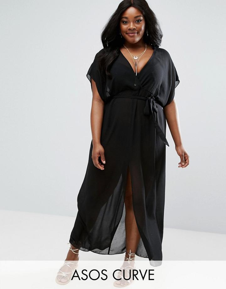 Asos Curve Chiffon Maxi Beach Caftan With Self Belt - Black