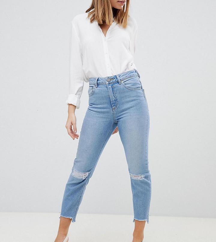 Asos Design Petite Farleigh High Waist Slim Mom Jeans In Zaliki Light Vintage Wash With Busted Knee And Rip & Repair - Blue