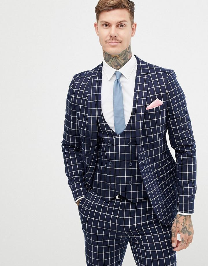 Asos Design Super Skinny Suit Jacket In Navy Grid Check - Navy