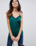 Asos Design Button Front Cami With Ruffle Detail-green