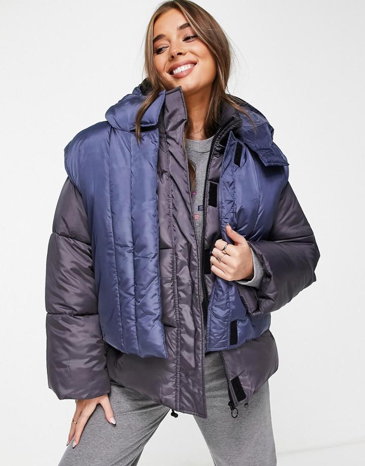 Asos Design Hero Hybrid Puffer Coat In Charcoal And Blue-black