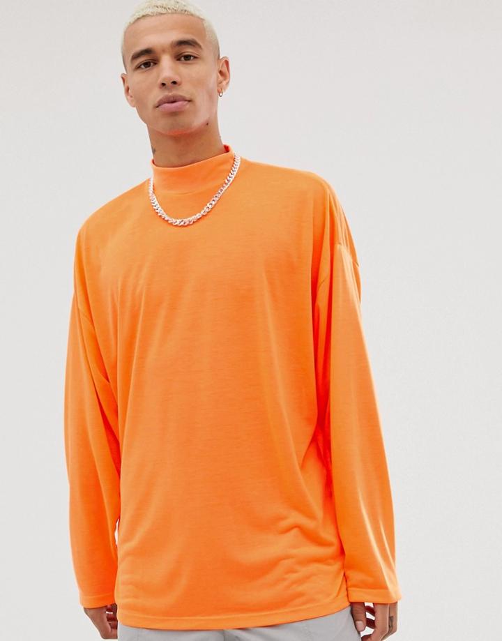 Asos Design Oversized Turtleneck T-shirt With Long Sleeves In Neon Orange - Orange
