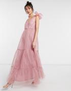 Asos Design Tulle Bow Tie Tiered Maxi Dress In Rose-pink