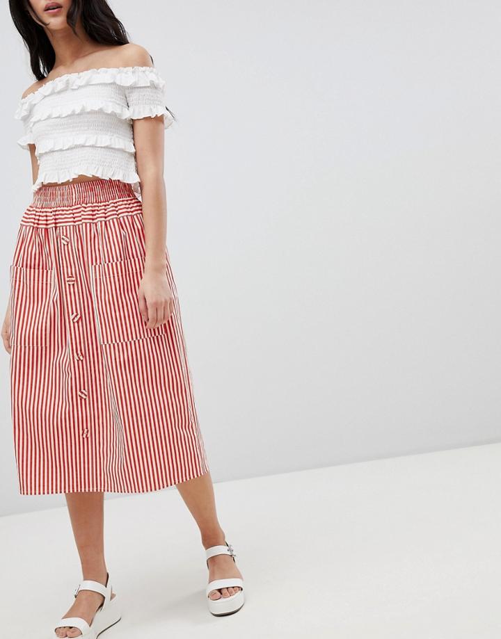 Asos Design Cotton Midi Skirt With Button Front In Stripe - Red