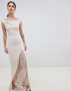City Goddess Off The Shoulder Maxi Dress With Lace Split Detail - Pink