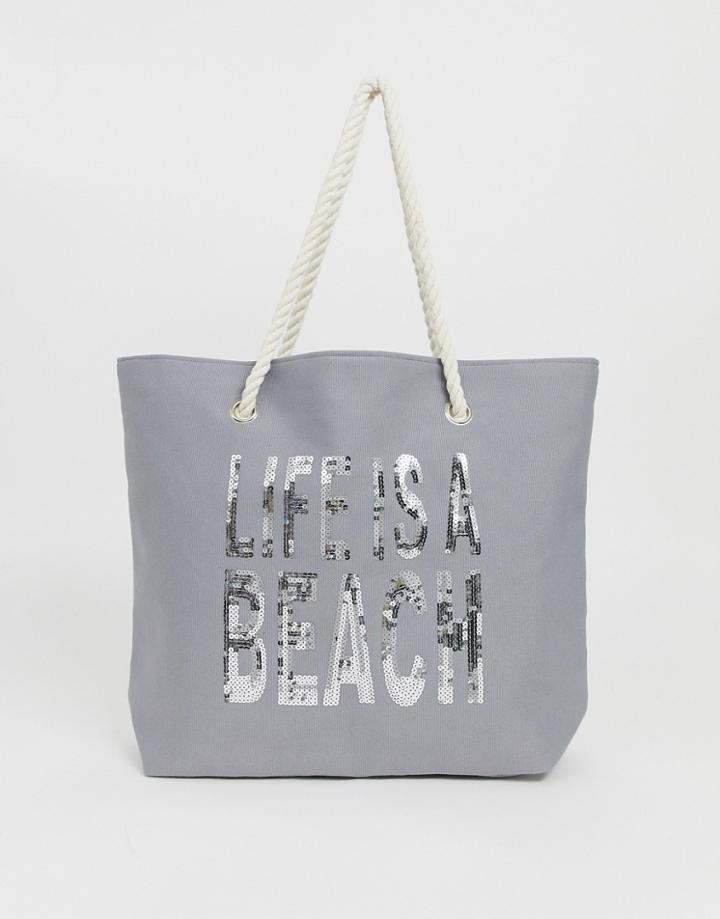 Asos Design Slogan Beach Bag - Gray