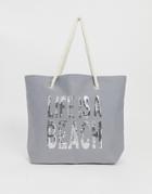 Asos Design Slogan Beach Bag - Gray