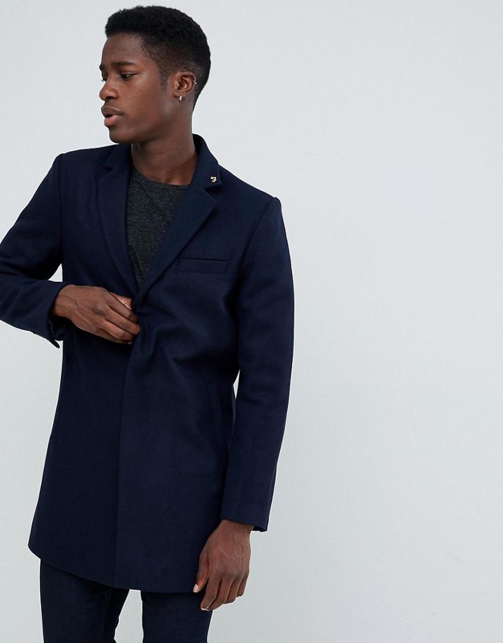 Farah Portobello Wool Mix Overcoat In True Navy