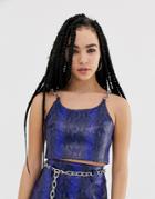 The Ragged Priest Faux Leather Snakeskin Crop Top With Chain Straps - Blue