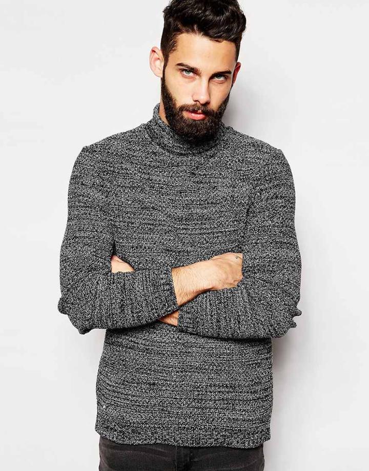 Asos Roll Neck Sweater In Twist Yarn - Black Twist