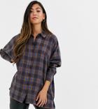 Asos Design Petite Long Sleeve Boyfriend Shirt In Blue And Brown Check Print-multi