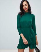 Asos Design Wrap Front Mini Dress With High Neck - Green