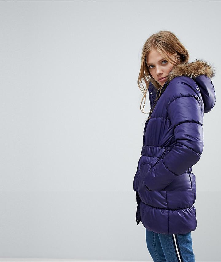 Vila Belted Faux Fur Trim Padded Coat - Blue