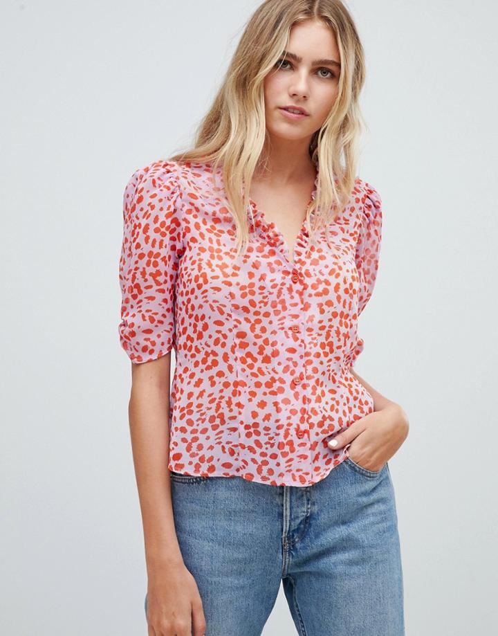 Asos Design Sheer Tea Blouse In Animal Print With Ruffle Collar - Multi