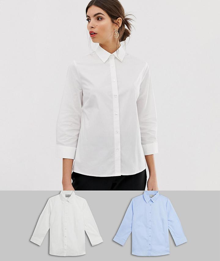 Asos Design 3/4 Sleeve Shirt In Stretch Cotton 2 Pack - White