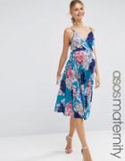 Asos Maternity Pleated Midi Dress In Blue Floral - Multi
