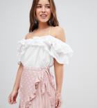 Asos Design Petite Off Shoulder Top With Ruffle Detail - White