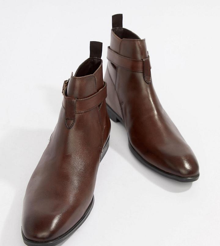 Asos Design Wide Fit Chelsea Boots In Brown Leather With Strap Detail - Brown