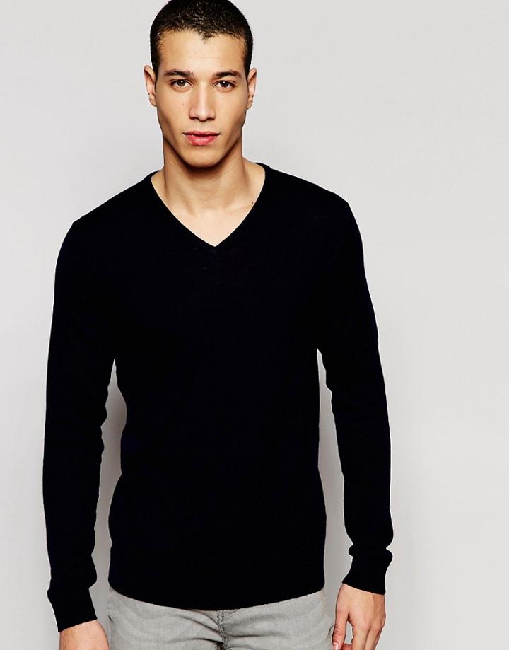 Selected Knitted V-neck Neck Sweater In Merino Wool - Maritime Navy