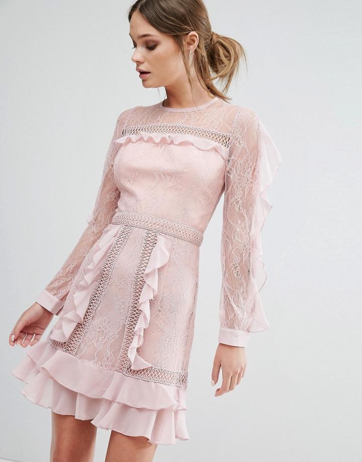 True Decadence Ruffle Sleeve Mini Dress With Sheer Panels - Pink