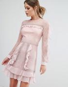 True Decadence Ruffle Sleeve Mini Dress With Sheer Panels - Pink