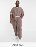 Asos Design Plus Coordinating Oversized Sweatpants In Beige-brown With Contrasting Cream Waistband