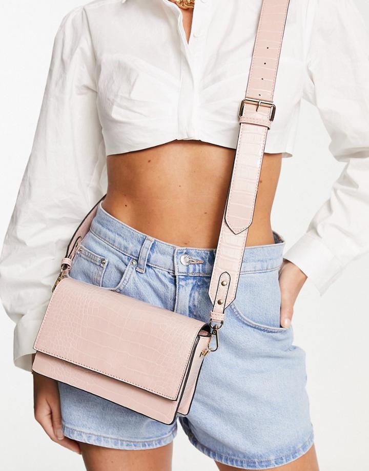 Asos Design Elongated Crossbody Bag In Pink Croc