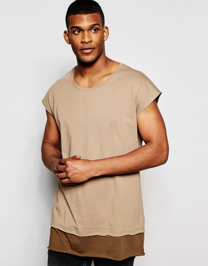 Asos Oversized Sleeveless T-shirt With Scoop Neck And Contrast Hem In Brown - Sand Dune