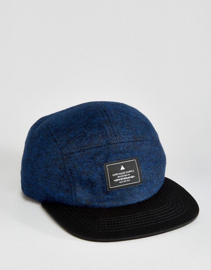 Asos 5 Panel Cap In Navy Tweed - Navy