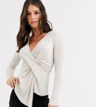 Asos Design Tall Long Sleeve Plisse Top With Drape Twist Front In Dark Ivory