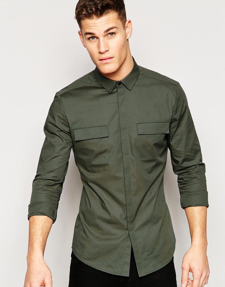 Asos Military Shirt In Skinny Fit Khaki With Long Sleeves - Khaki