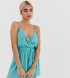 Asos Design Petite Wrap Tie Front Romper In Crinkle - Green