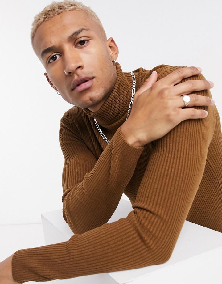 Asos Design Muscle-fit Ribbed Rollneck Sweater In Tobacco-brown