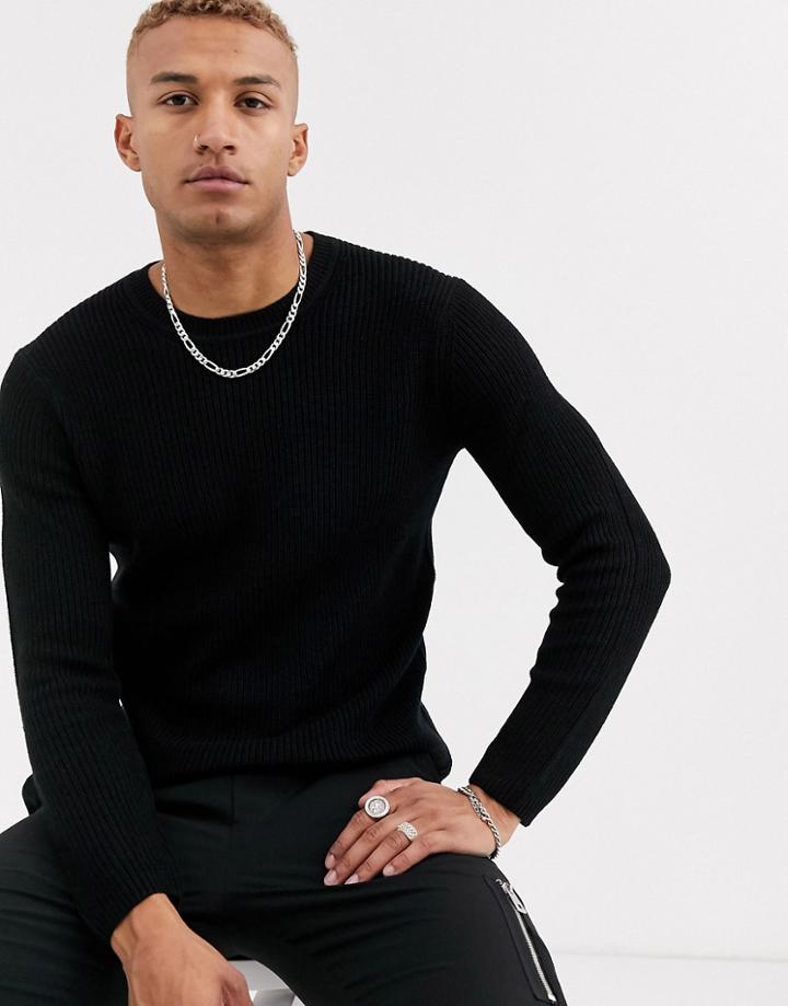 Bershka Crew Neck Knitted Sweater In Black - Black