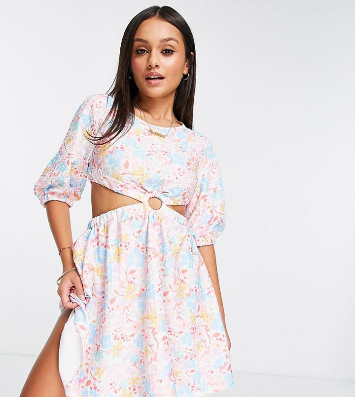 Asos Design Petite Textured Mini Dress With Ring Detail In Bright Floral-multi