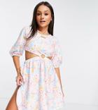 Asos Design Petite Textured Mini Dress With Ring Detail In Bright Floral-multi