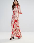 Liquorish Maxi Dress With Kimono Sleeves In Vintage Print - Red