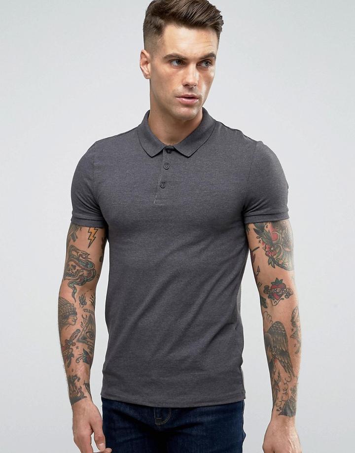 Asos Muscle Polo Shirt In Charcoal Marl - Gray