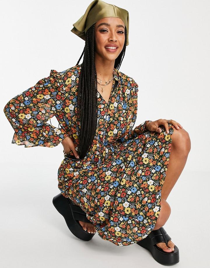Object Fleur Volume Sleeve Midi Dress In Multi-black