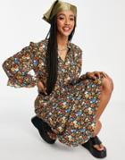 Object Fleur Volume Sleeve Midi Dress In Multi-black